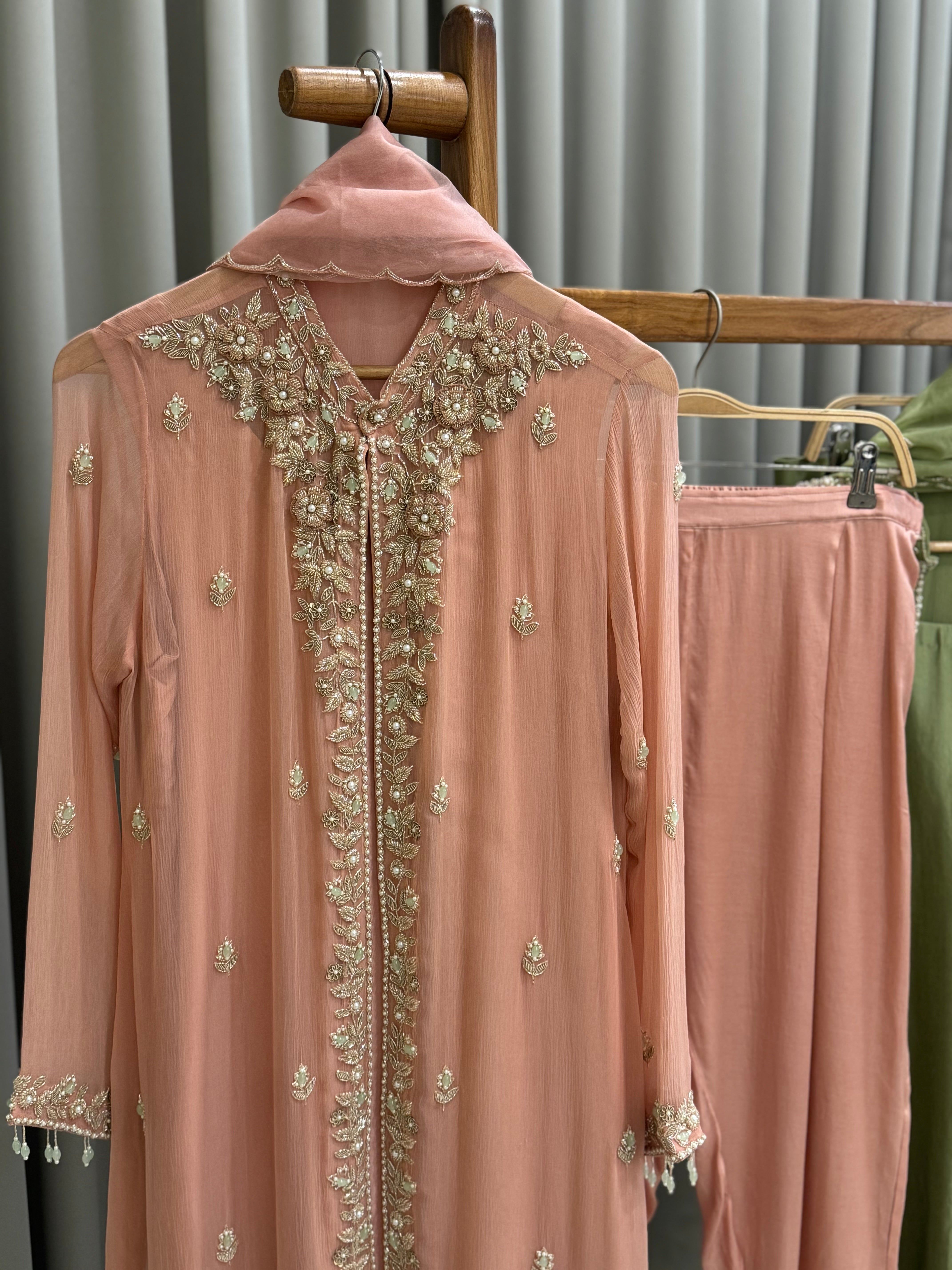 Premium Chiffon handworked jacket style with scalloped organza dupatta