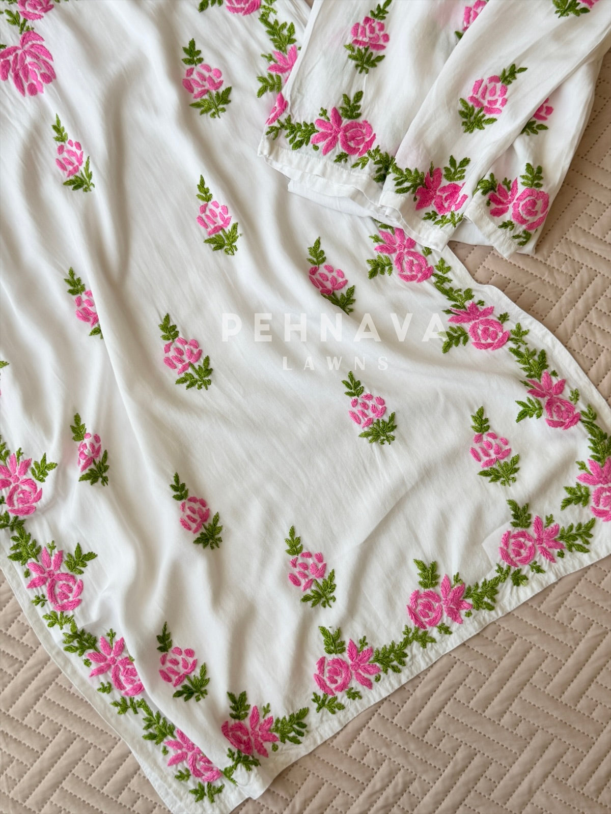 White & Pink Chikankari Rayon Kurta Set