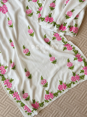 White & Pink Chikankari Rayon Kurta Set