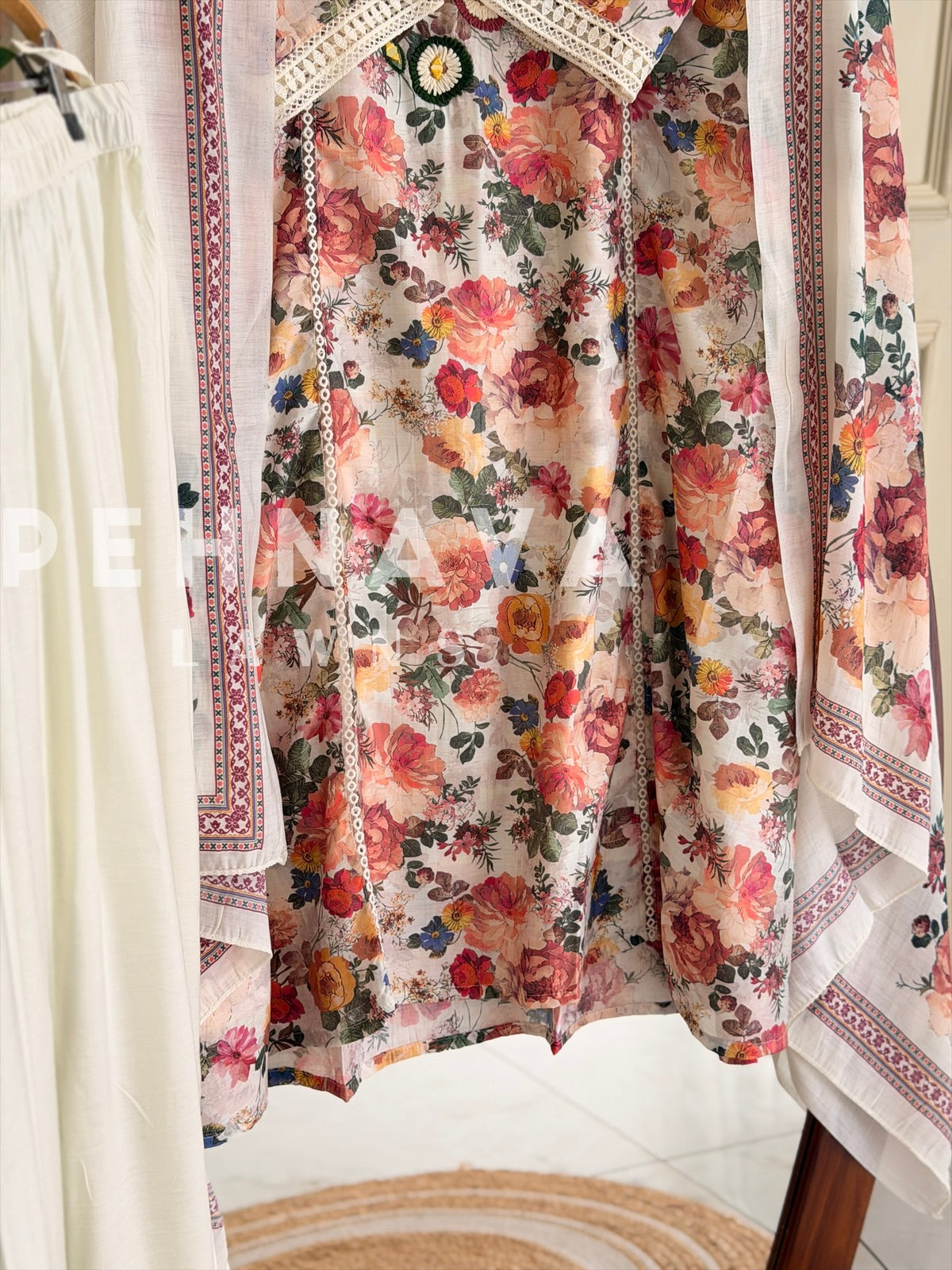 Floral Print Cotton Suit with Lace
