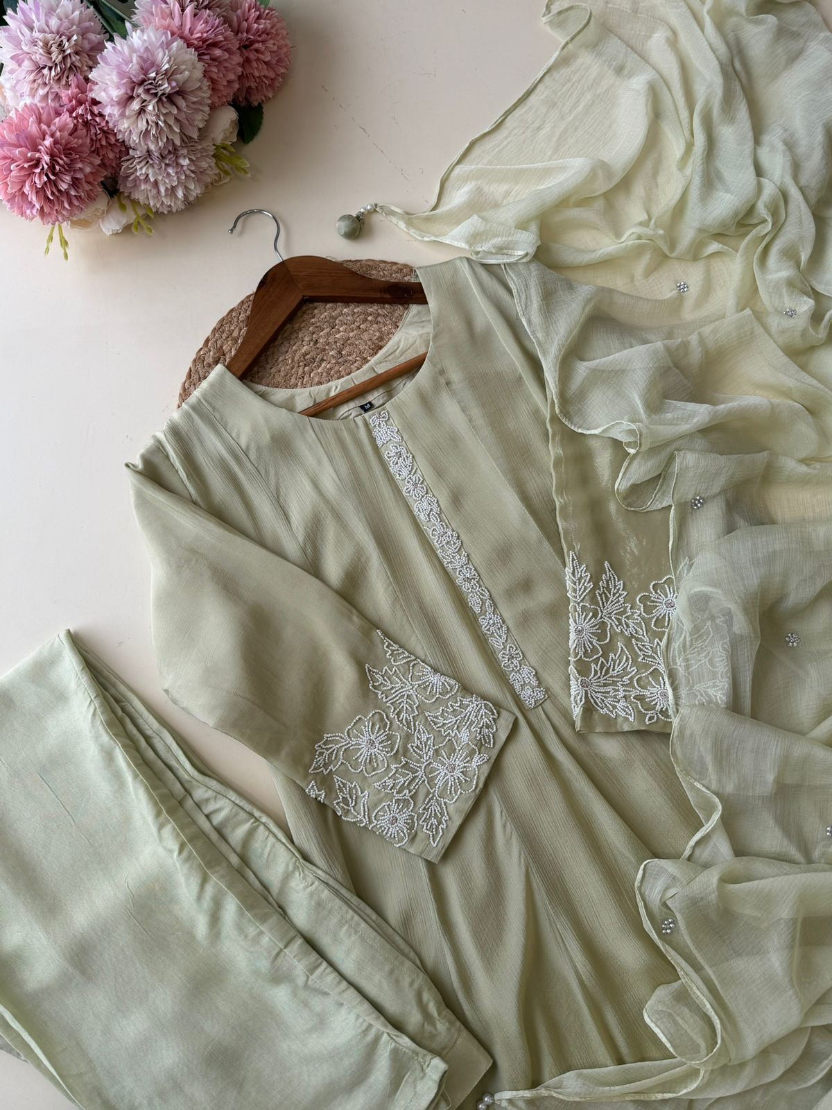 Chinnon handworked Anarkali suit with Beads Detailings
