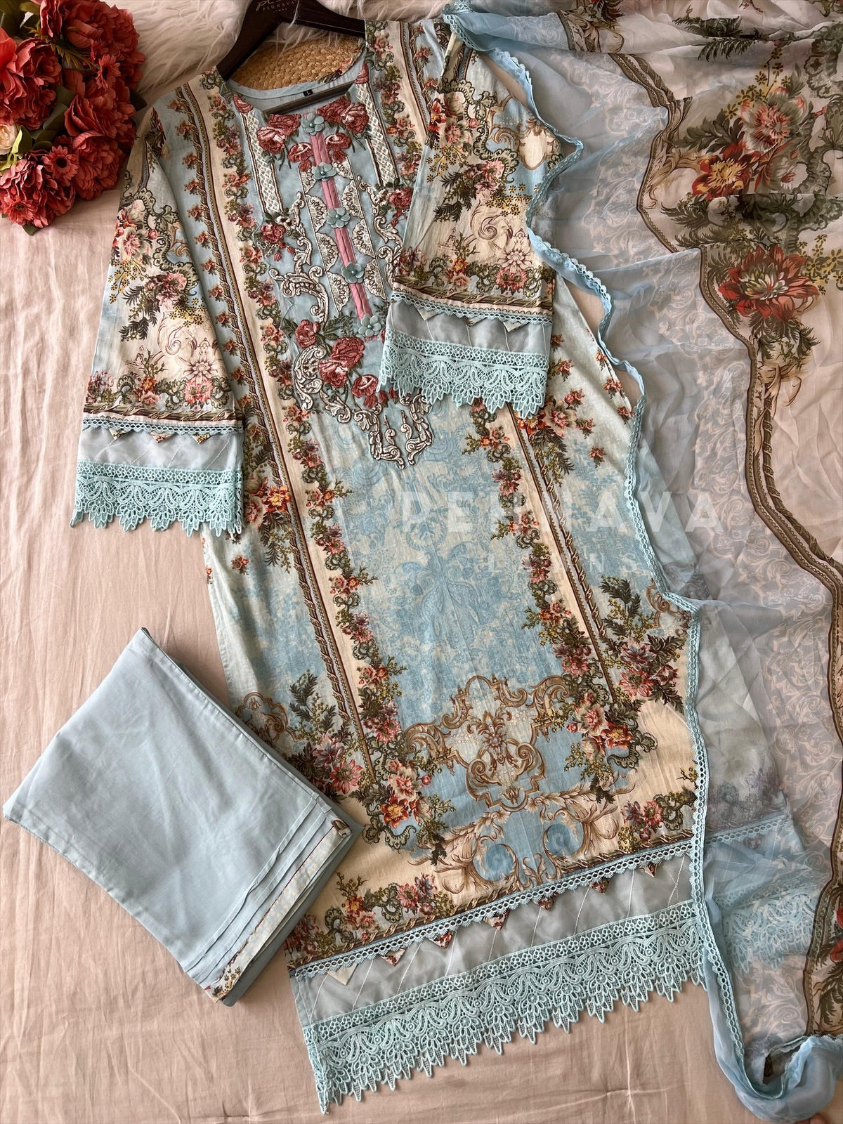 Cotton Lace Detail Suit Set-1482