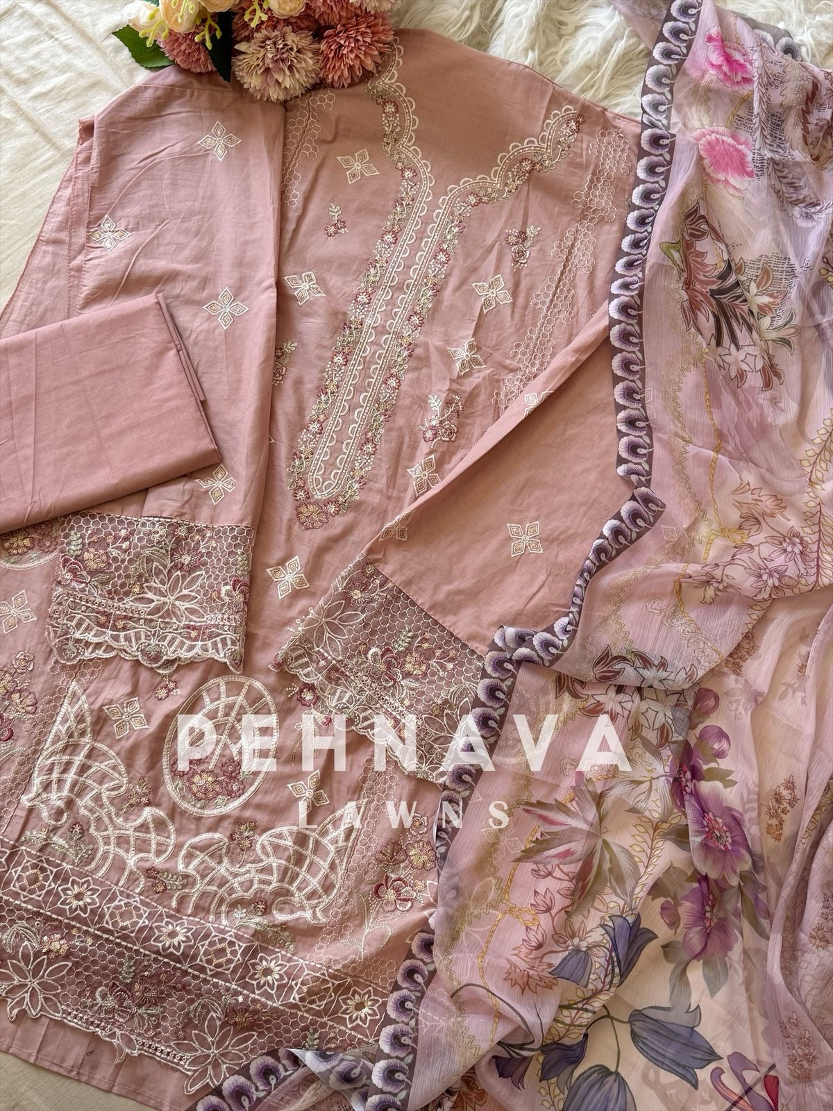 Cotton Embroidered Suit Featuring Chiffon/Cotton Shawl-1005