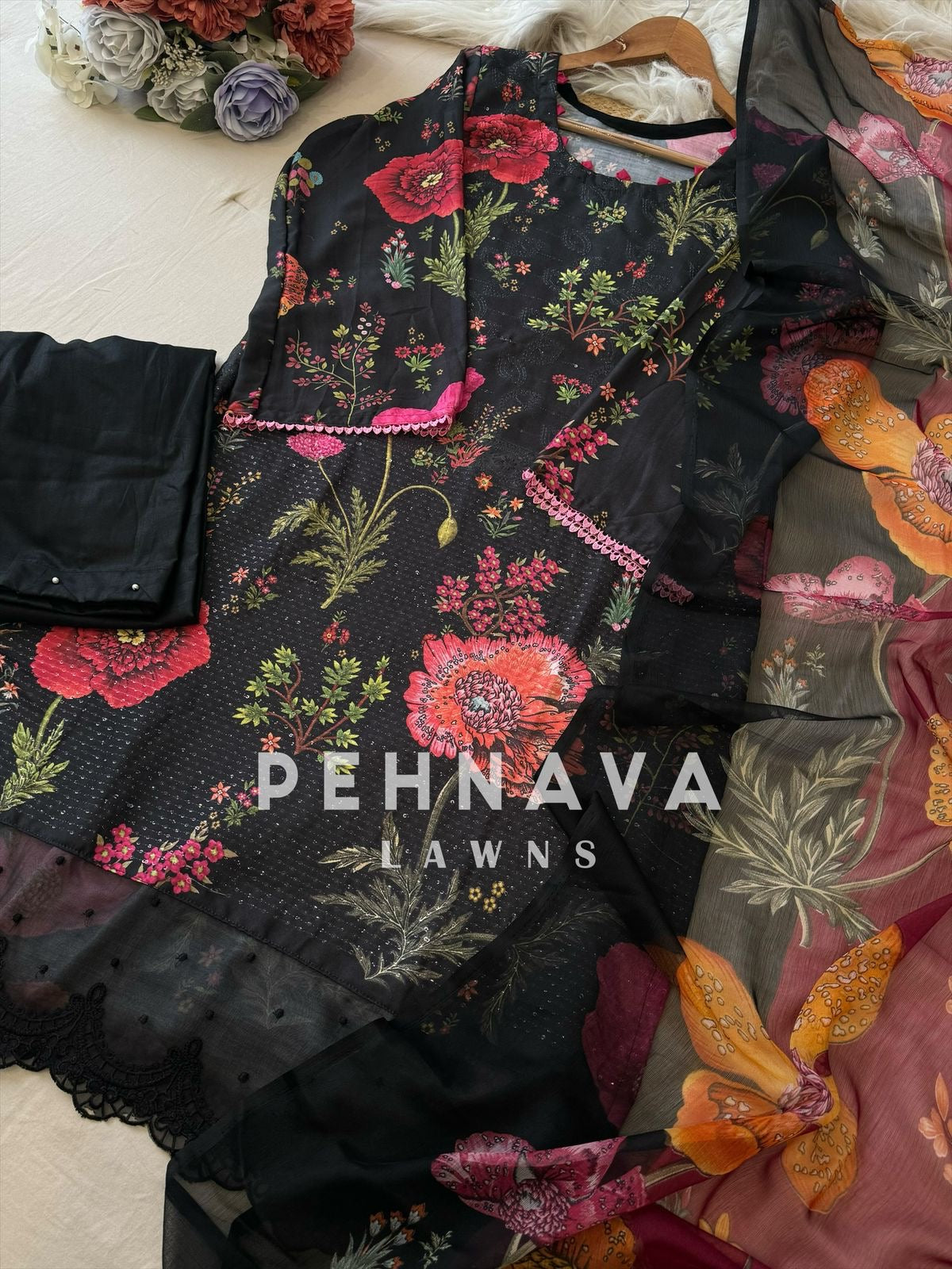 Black Floral Patterned Casual Pak-Suit-1361