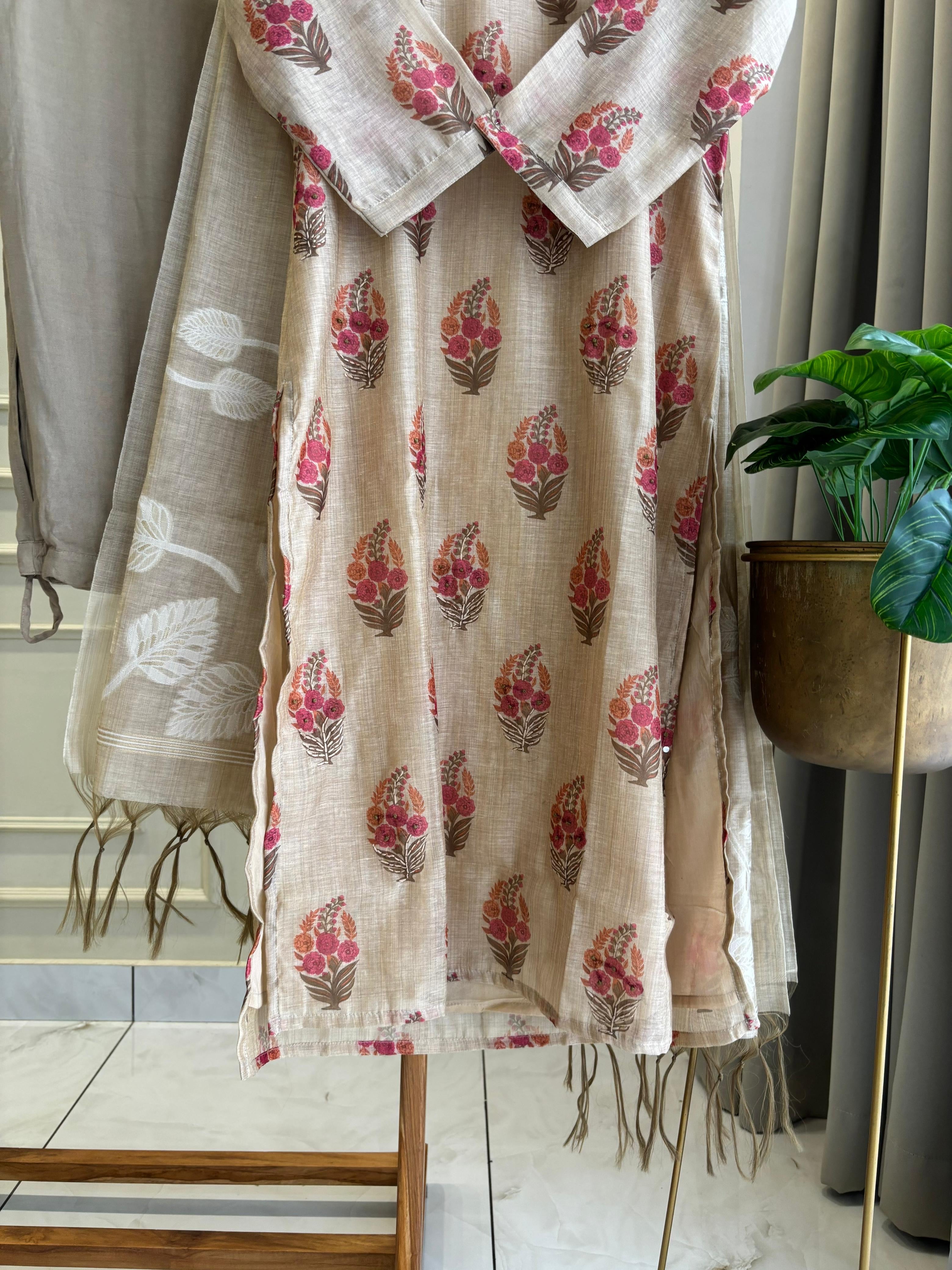 Tussar Floral suit Self- Embroidered suit-3980