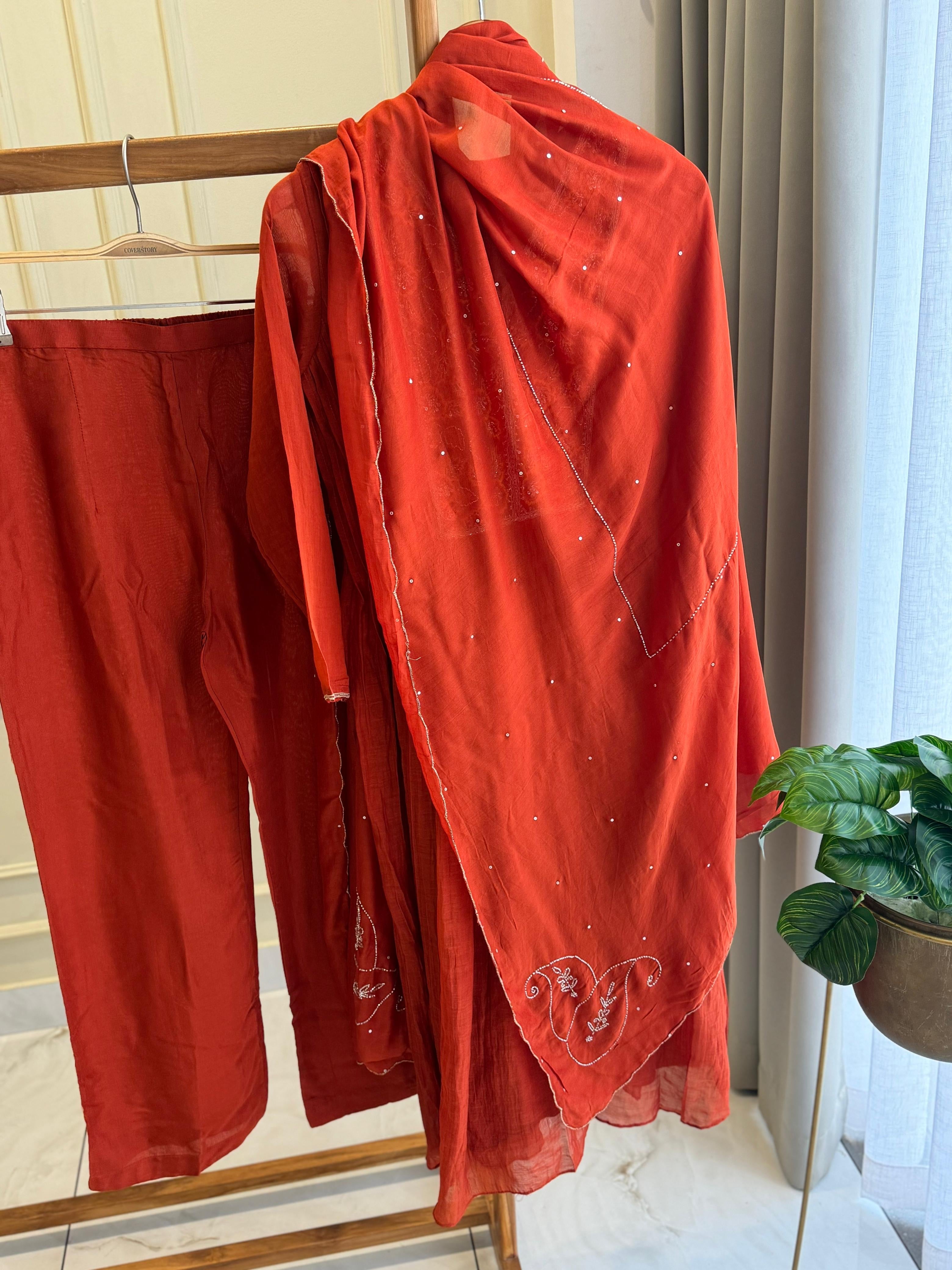 Pleated Mulchanderi Rust Anarkali Suit