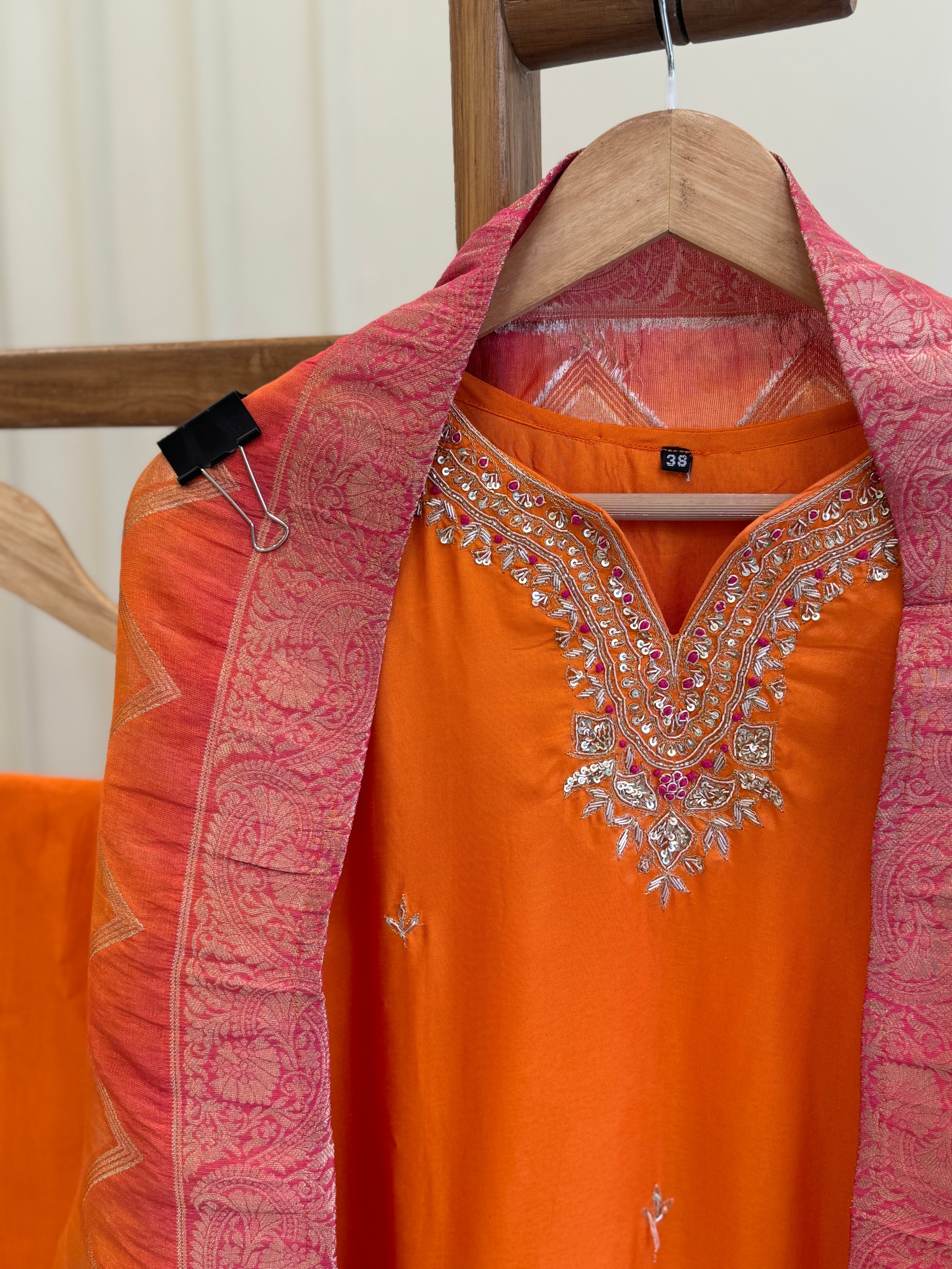 Silk hand detailed suit with banarsi woven Dupatta-8519