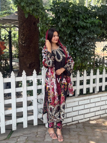 Floral printed  cotton suit with beautiful organza detailings-1182