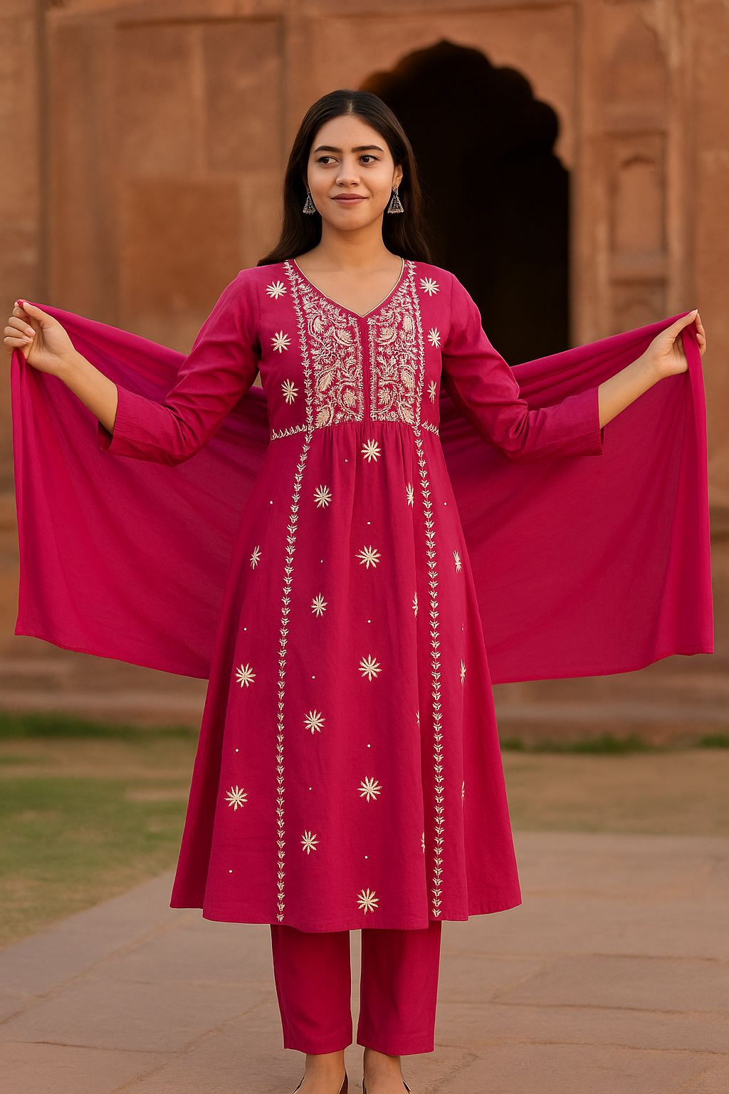 Pure cotton floral embroidered suit