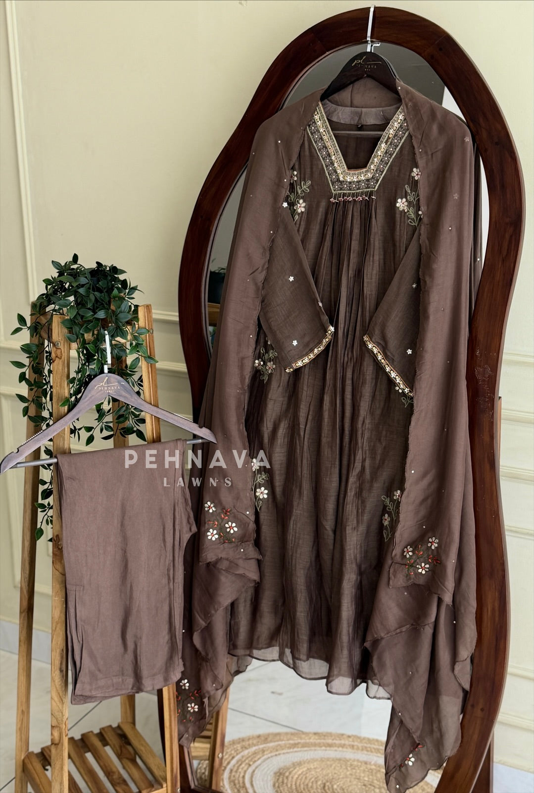 Pleated Yoke Embroidered Suit Set