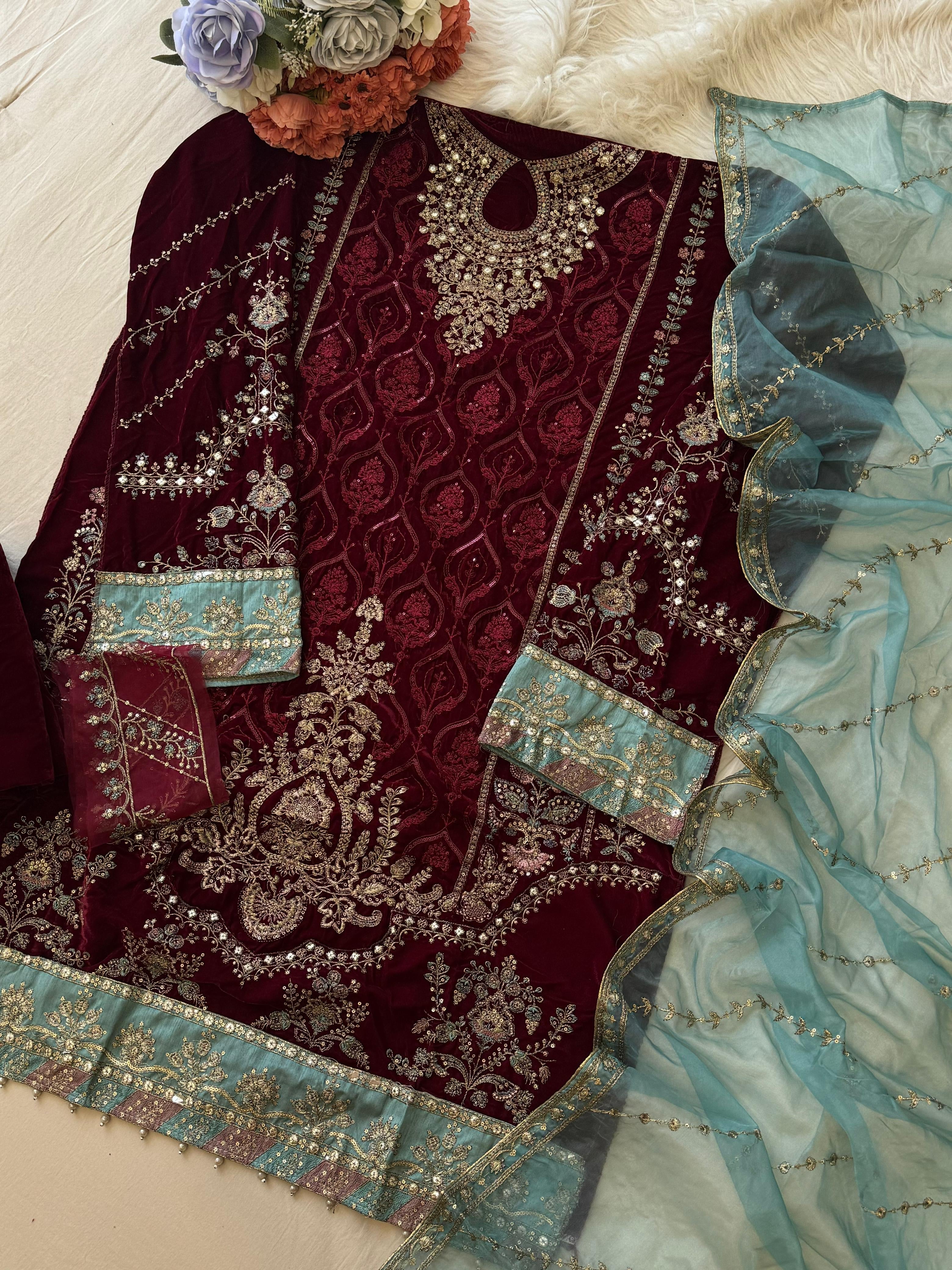 Party wear Velvet Semistitched Suit