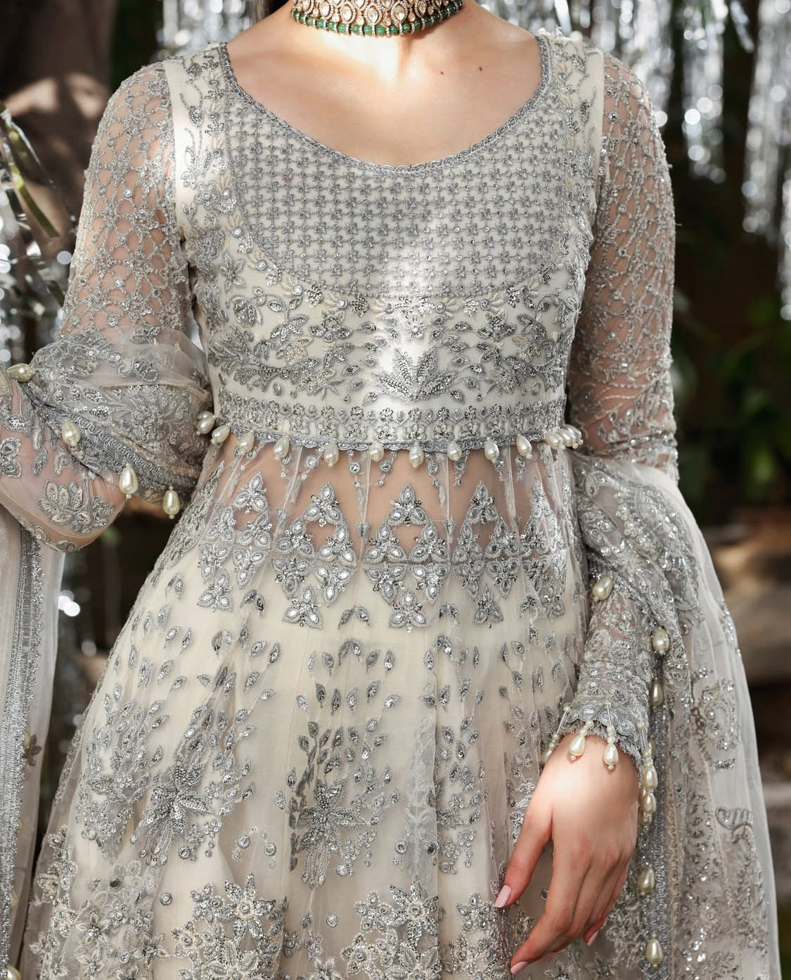 Heavily Emblished Ivory and Silver Lehenga