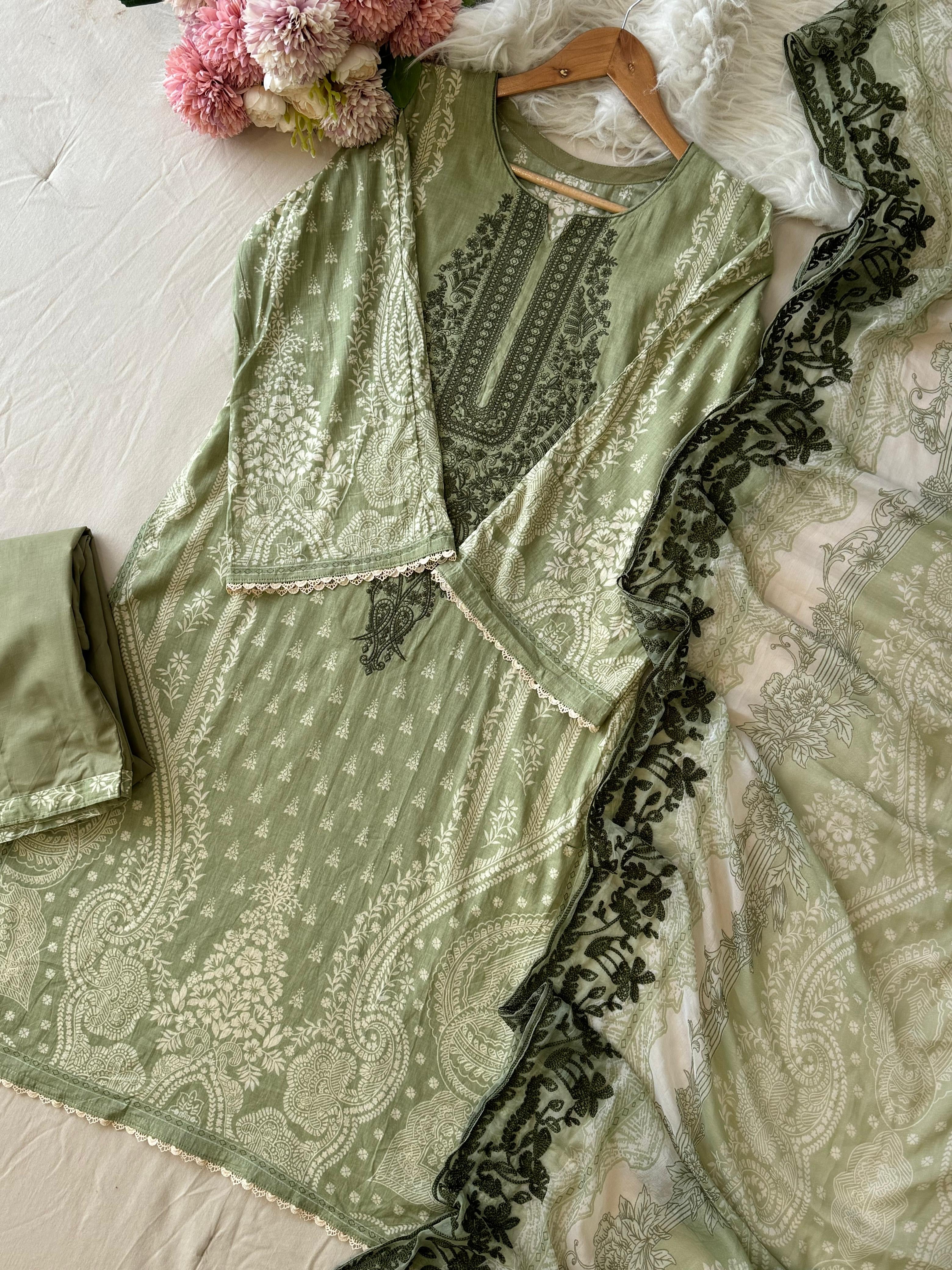 Green Printed Unstitched suit 3976