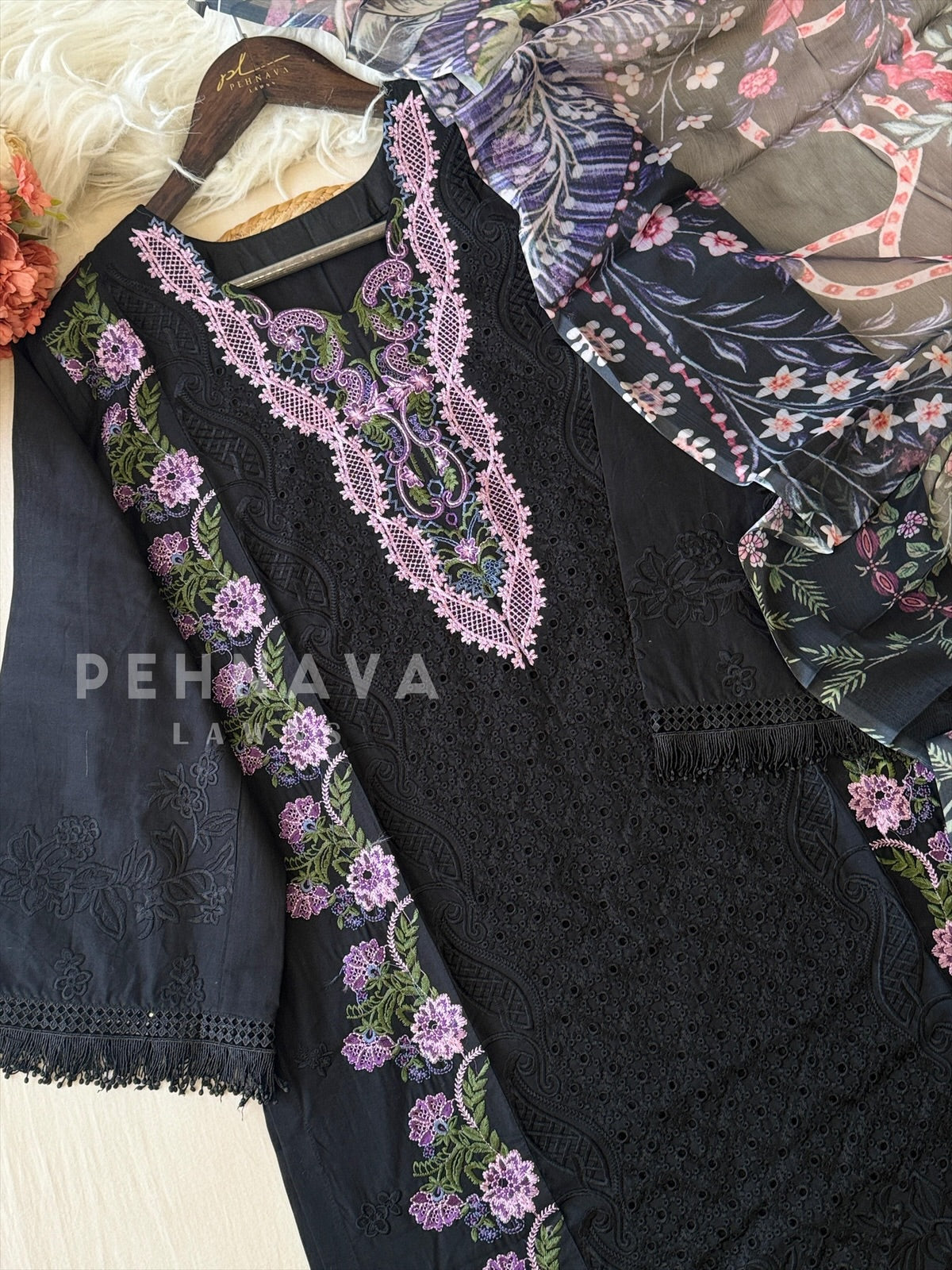 Embroidered Floral Lawn Suit With Printed Dupatta-1624 - Pehnava Lawns