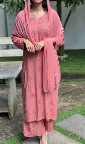 Authentic chikankaari embroidered suit- Misty Pink