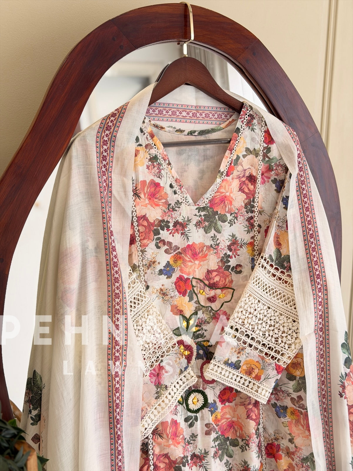 Floral Print Cotton Suit with Lace