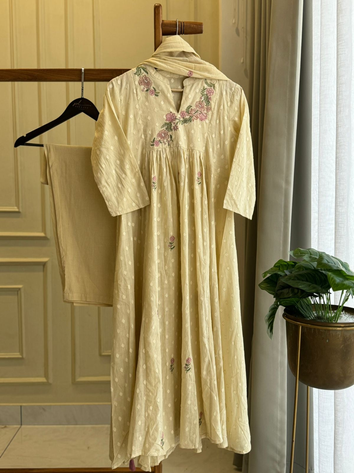 Pure Cotton Self-Embroidered pleated suit-4601