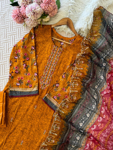 Pure cotton suit with embroidered top and dupatta-Orange