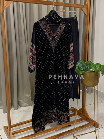 Velvet Printed Three Piece Ensemble-3298
