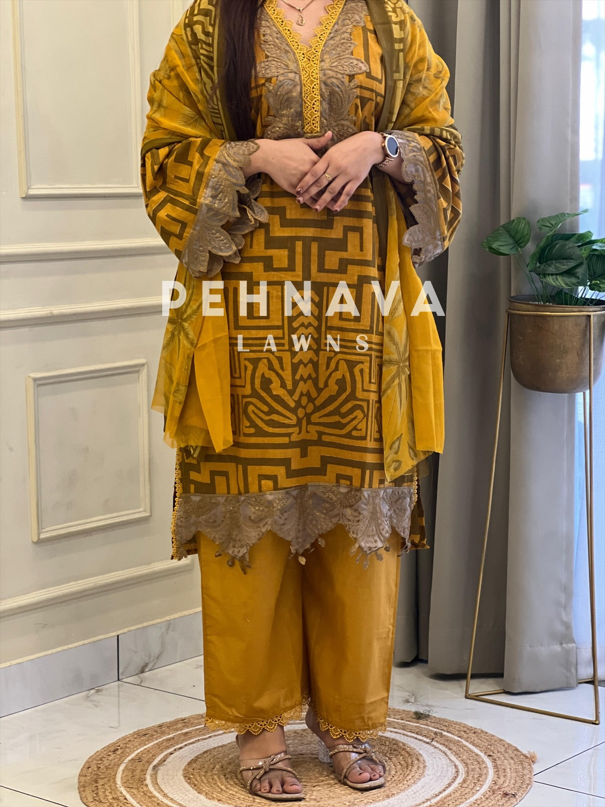 Mustard Printed Lawn Suit with Printed Dupatta-Chiffon/Cotton