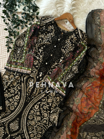 Black Digital Printed Lawn Suit With Chiffon Dupatta
