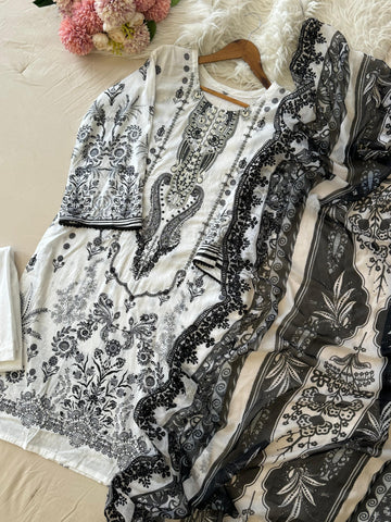 White Printed Unstitched Suit 3973