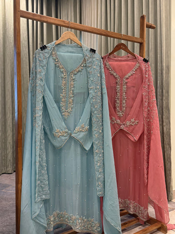 Premium organza  handwork suit with bottom and organza  hand  worked dupatta-1098