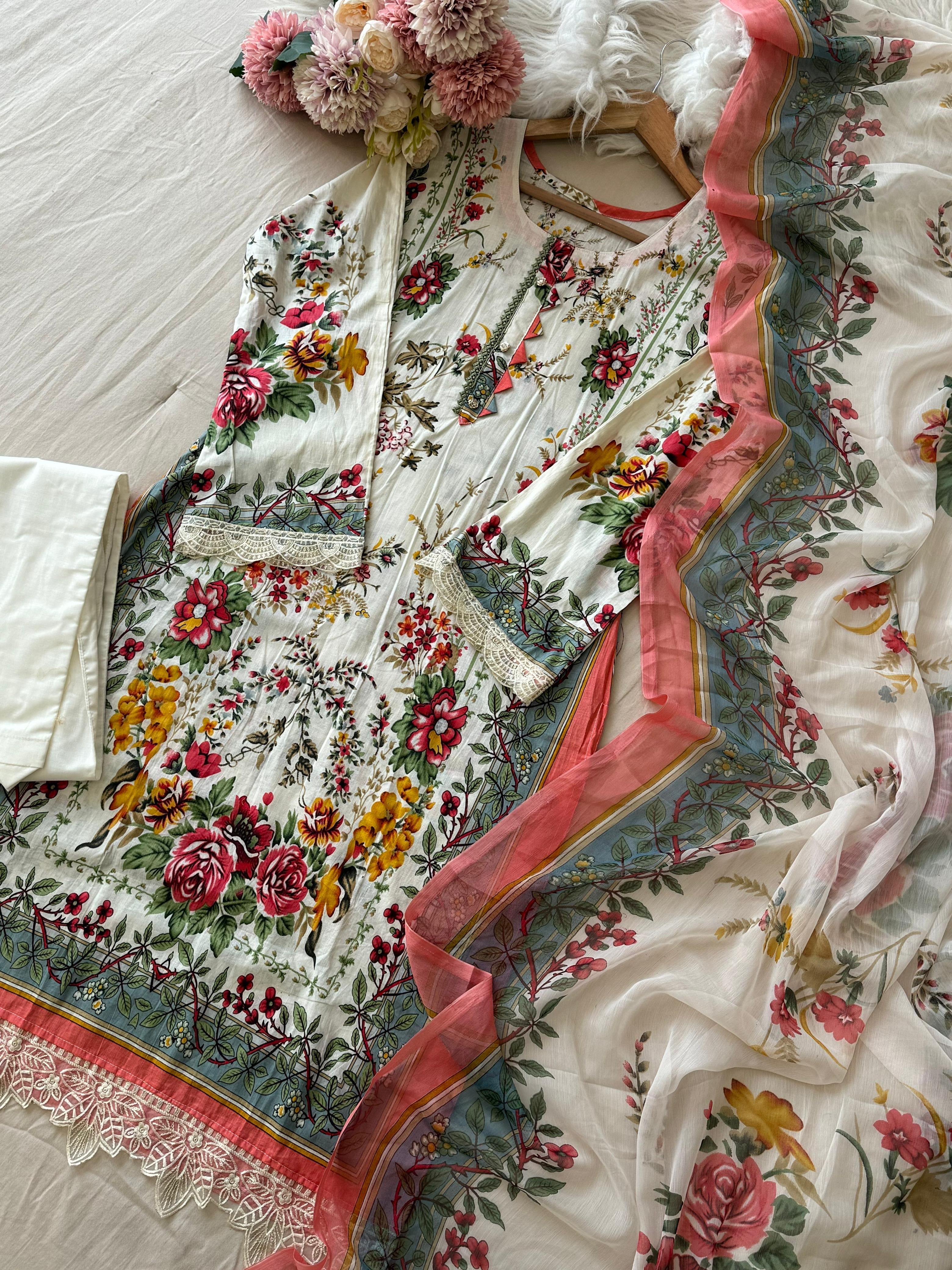 Printed Pakistani Cotton Suit with Chiffon Dupatta-1358 - Pehnava Lawns