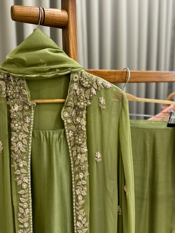 Premium Chiffon handworked jacket style with scalloped organza dupatta