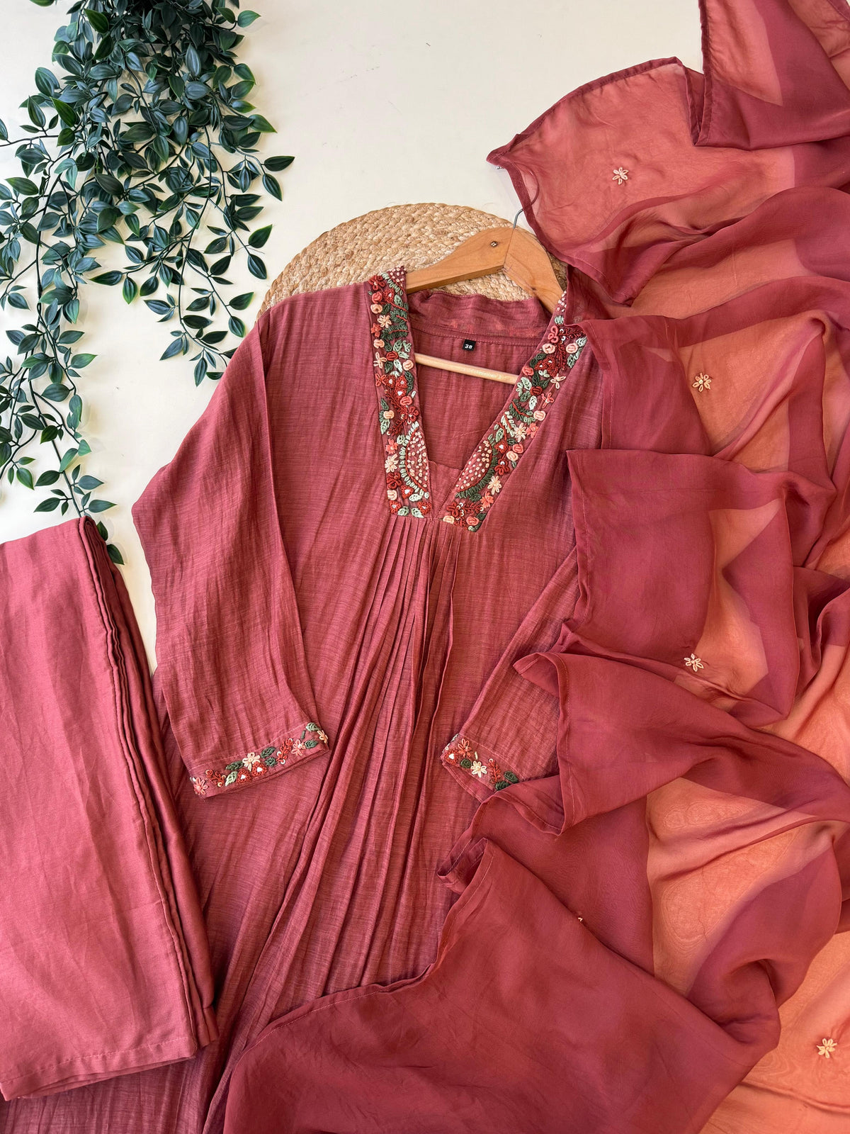 Premium Mul Chandheri Pleated A-line suit with embroidery