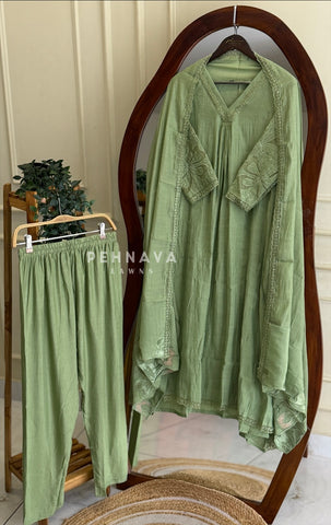 Embroidered V-Neck A-Line Suit Set