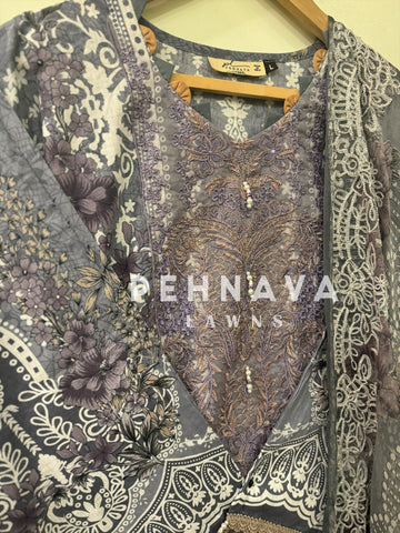 Printed casual suit with chiffon embroidered dupatta-7041