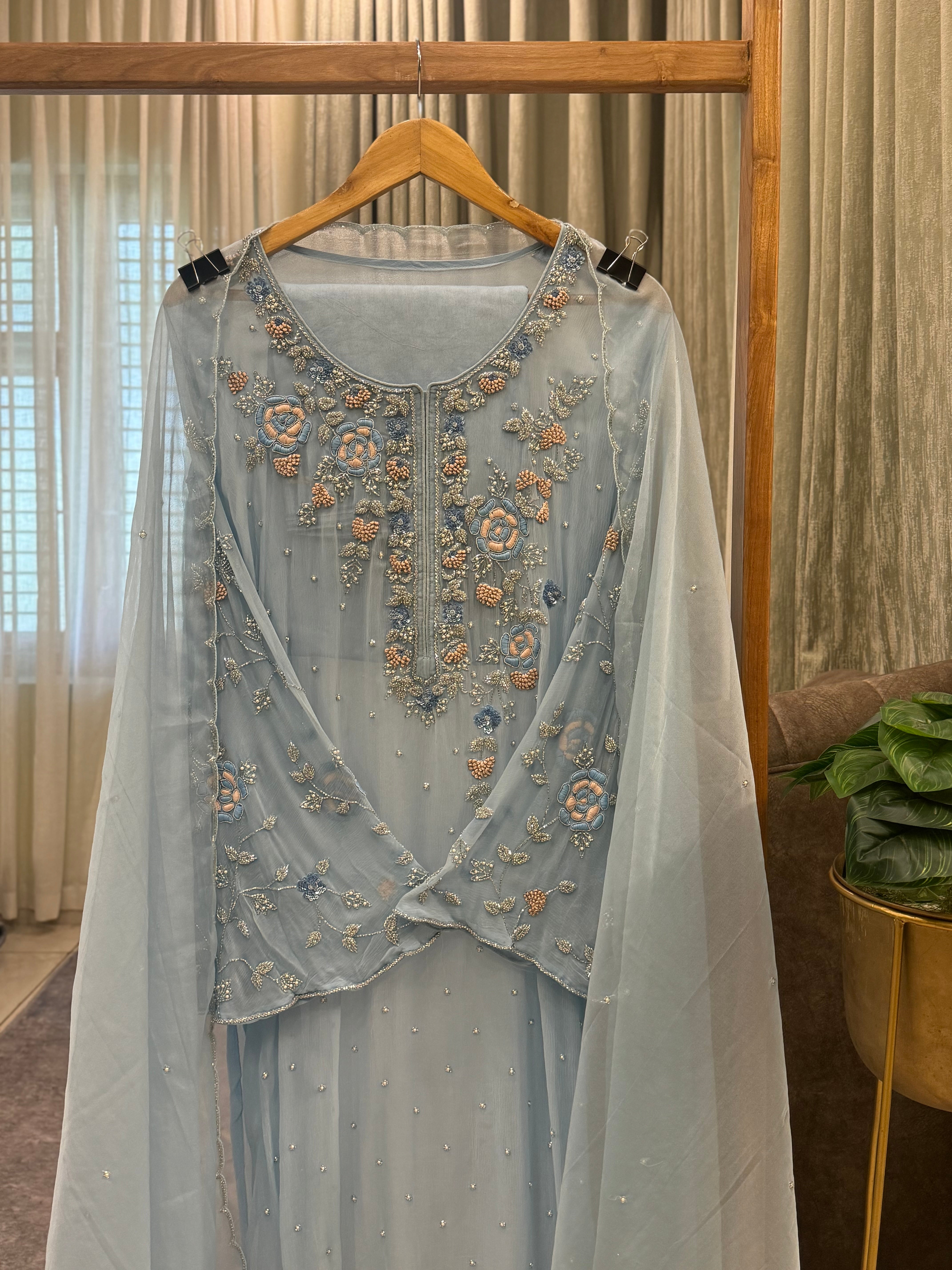 Premium Chiffon handwork suit with bottom and organza  hand  worked dupatta-1180