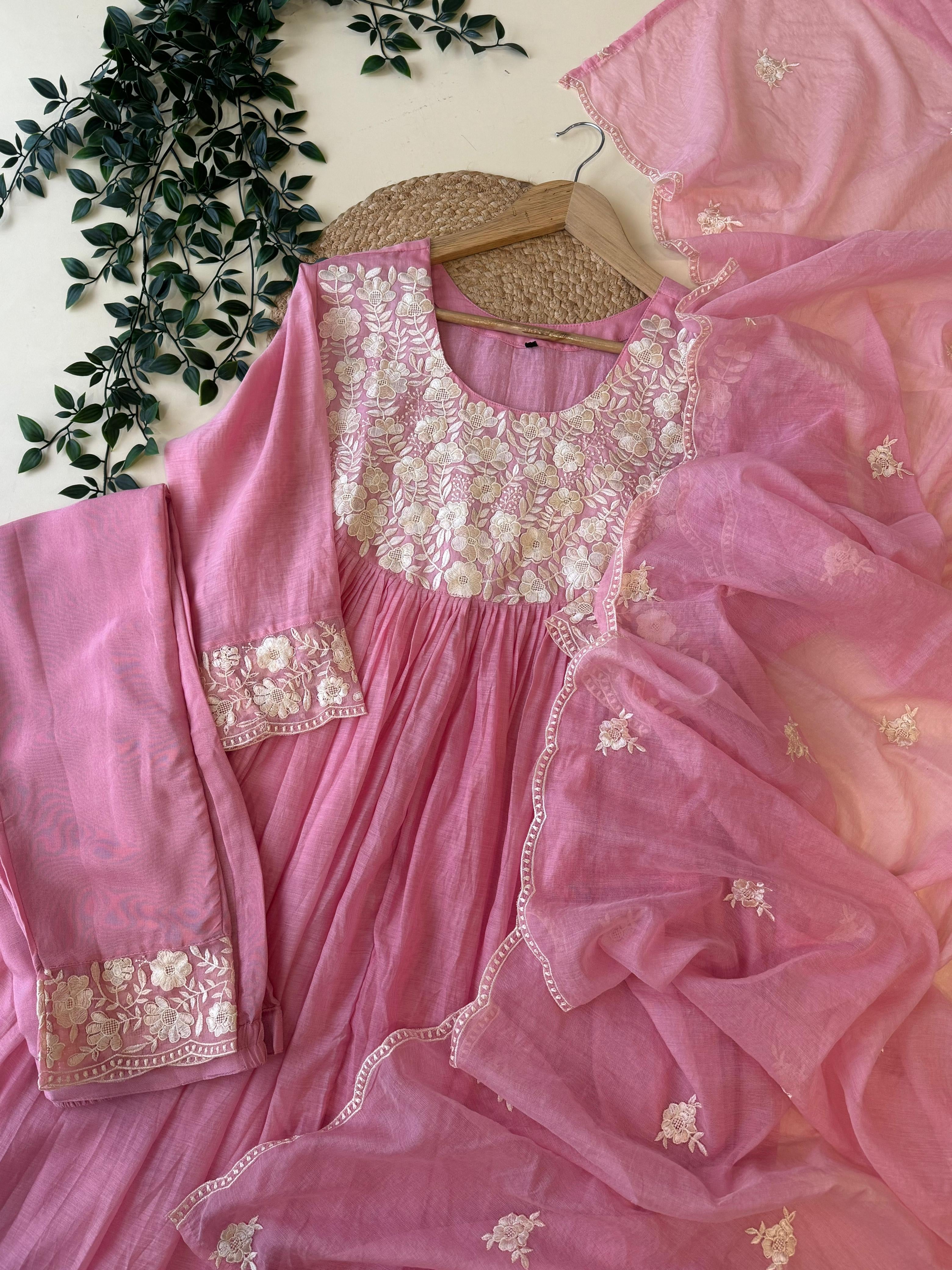 Mul Chandheri Anarakali suit with embroidery detailings