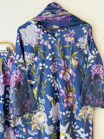 Floral Printed Lawn Suit with Printed Dupatta-Chiffon 1414 - Pehnava Lawns