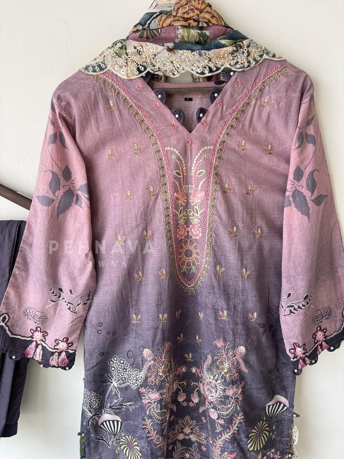Embroidered Lawn Suit with Scallop Dupatta-1701 - Pehnava Lawns