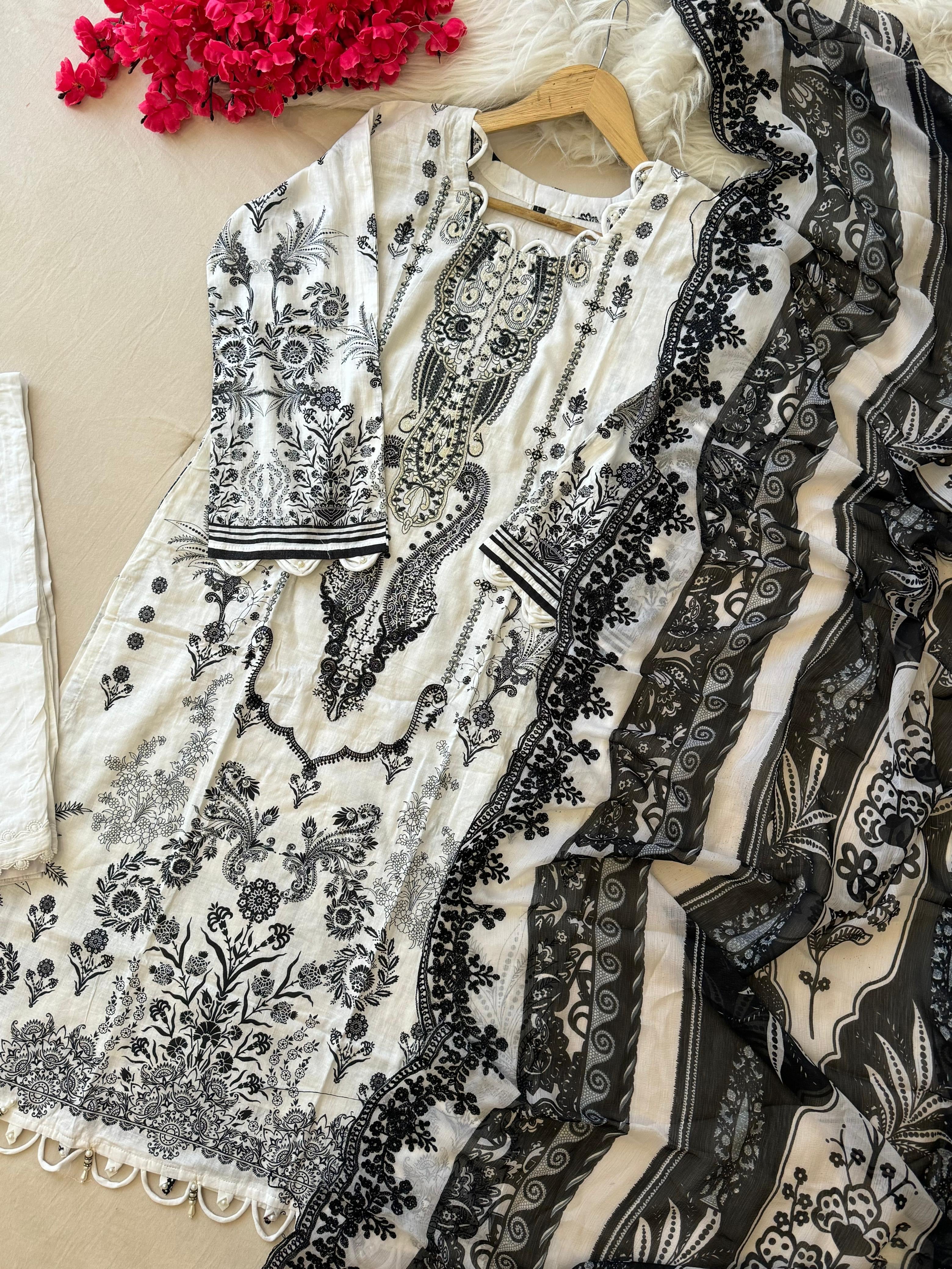 White Block Printed Pakistani Suit