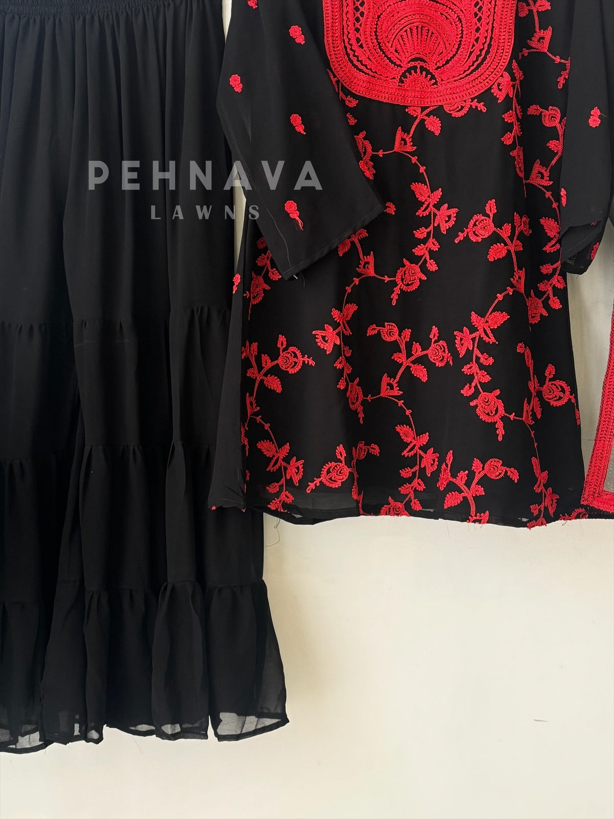 Black Red Embroidery kurti with sharara