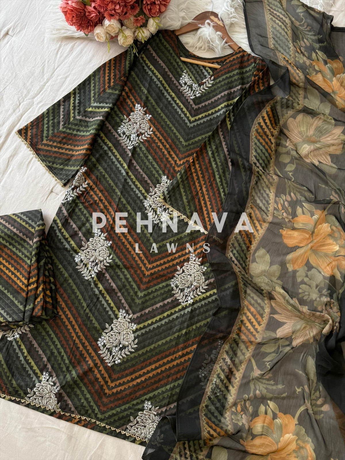 Classic Embroidered Chevron Suit with Printed Dupatta-002