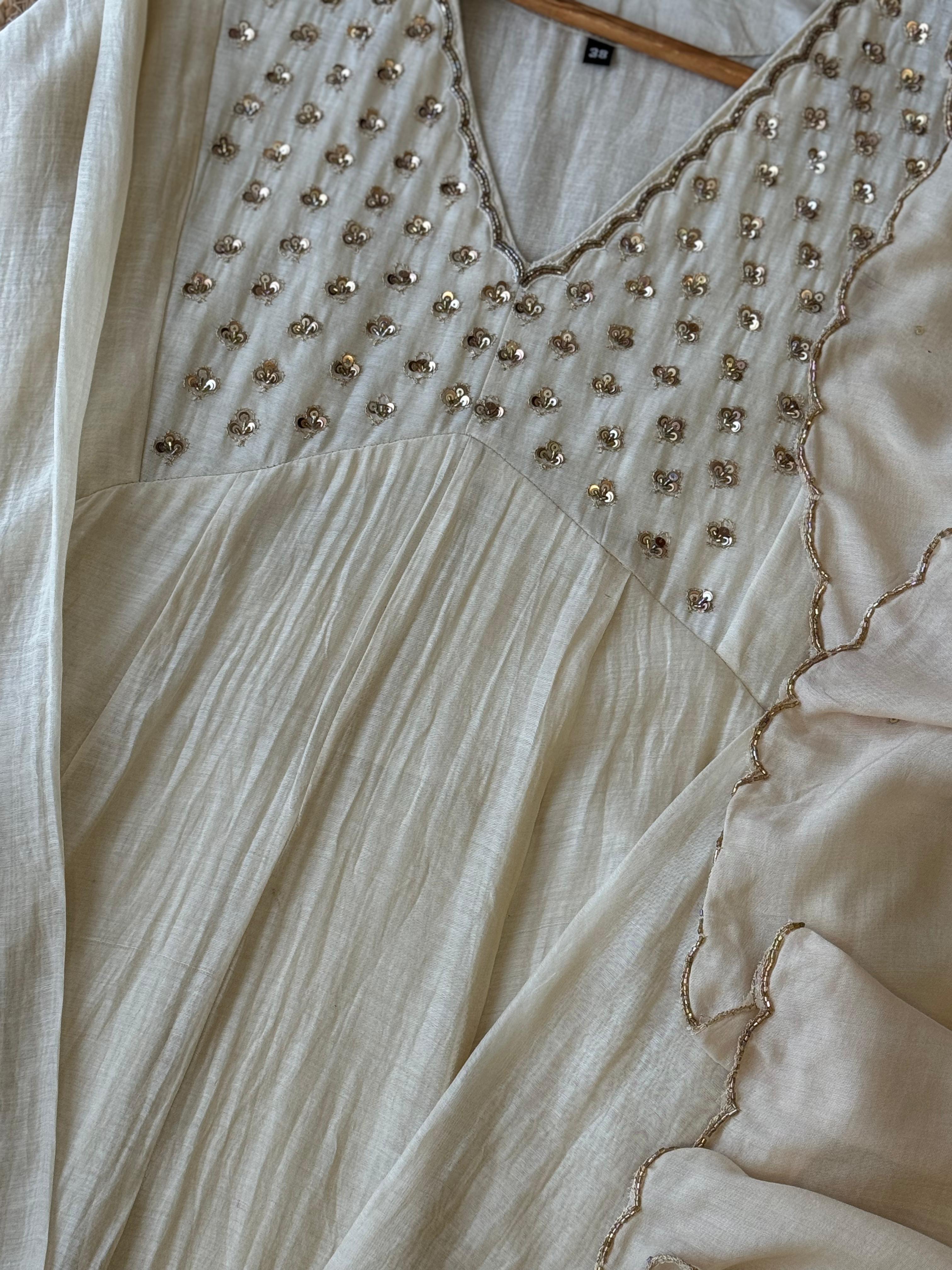 Premium Mul Chandheri A-line suit with neck detailings