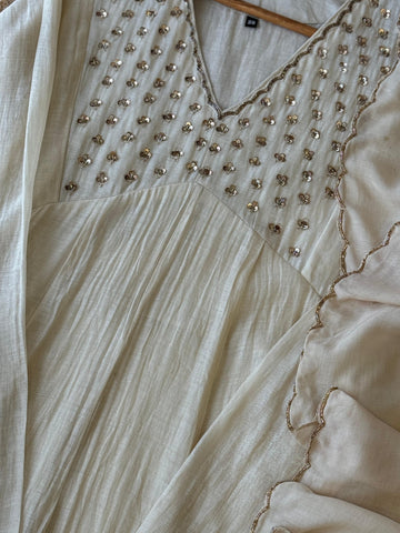 Premium Mul Chandheri A-line suit with neck detailings