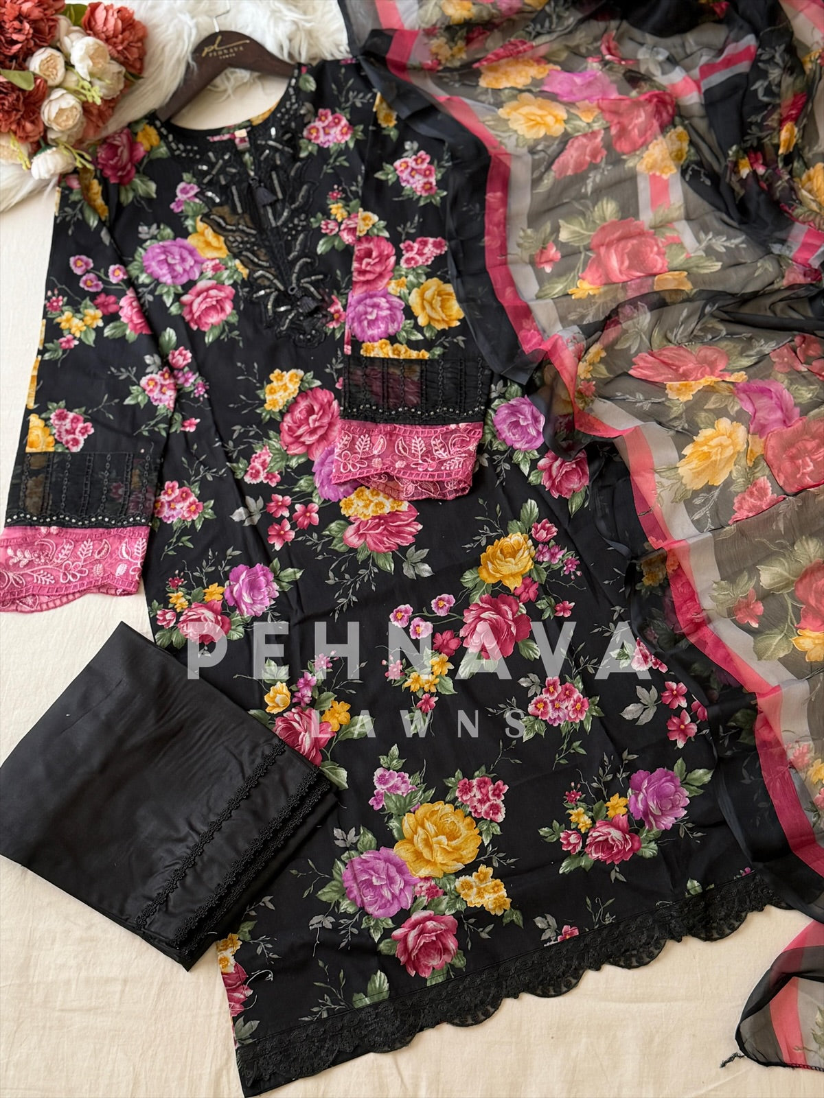 Floral Detailed Unstitched Suit-1329