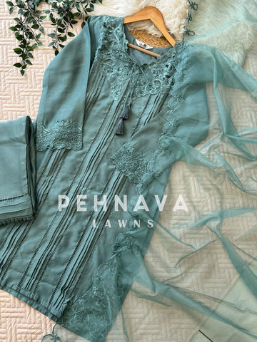 Designer Tunic Dress with embroidered organza Dupatta