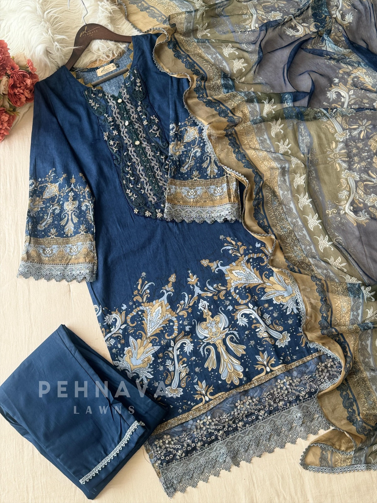 Classic Blue Printed Unstitched Suit Set-1458 - Pehnava Lawns