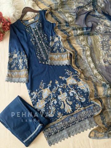 Classic Blue Printed Unstitched Suit Set-1458 - Pehnava Lawns
