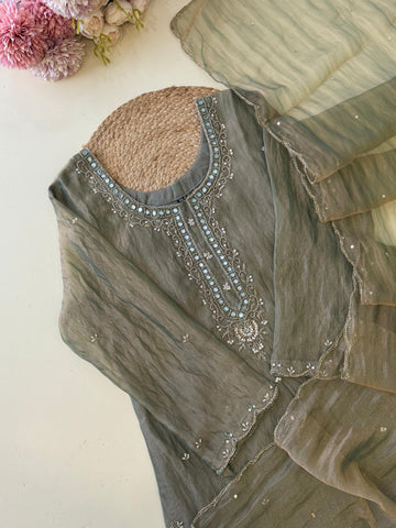 Premium Grey Organza Suit with Intricate Embroidery