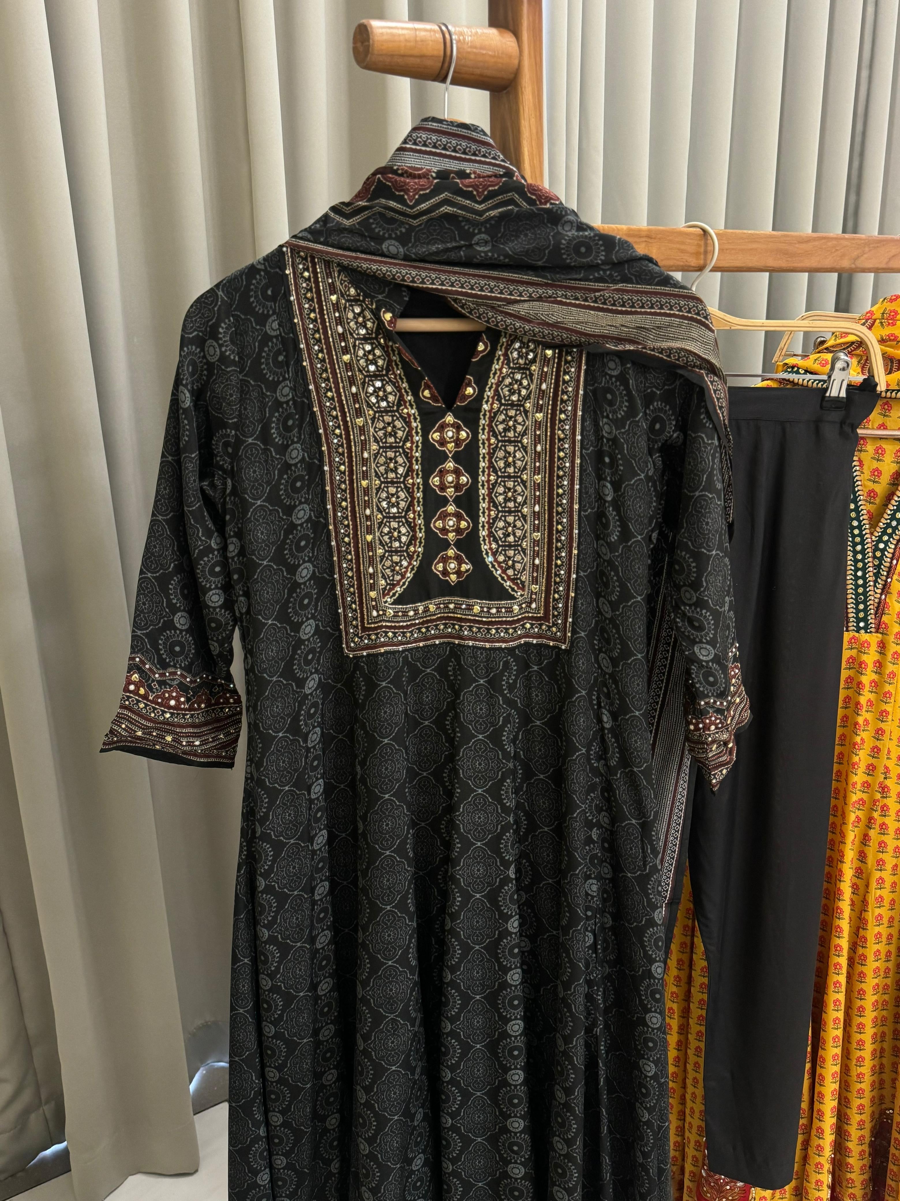 Black Pure Crepe Panelled Anarkali