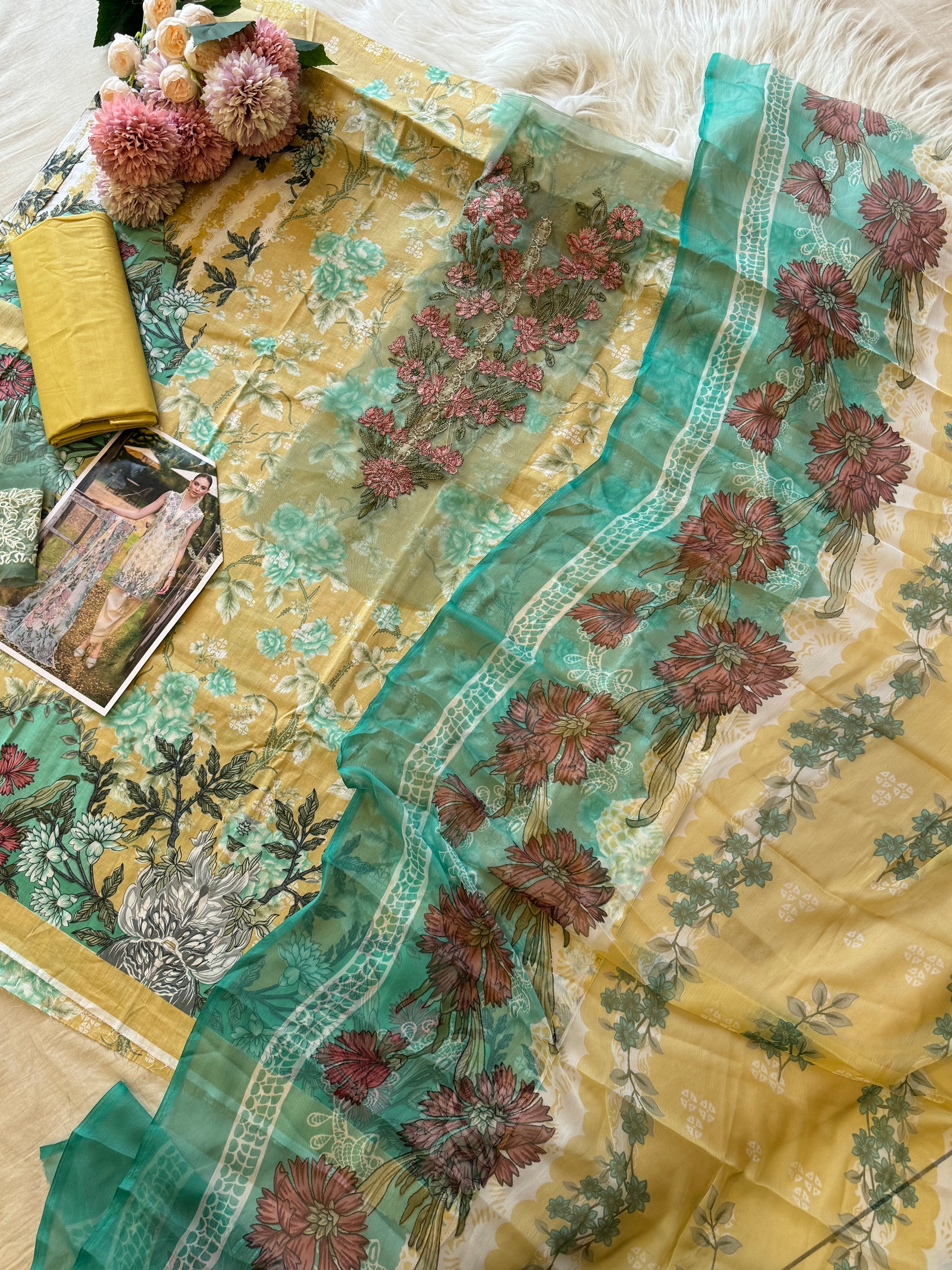 Pakistani printed cotton suit with embroidered patches -9087