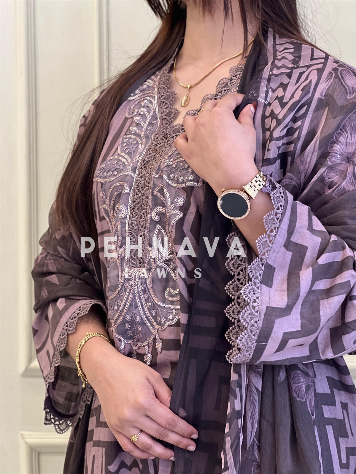 Brown Printed Lawn Suit with Printed Dupatta-Chiffon/Cotton