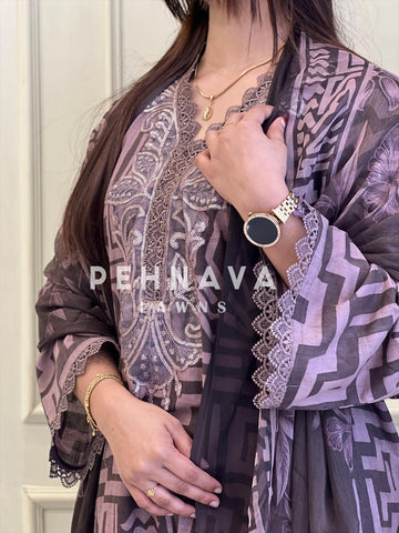 Brown Printed Lawn Suit with Printed Dupatta-Chiffon/Cotton